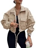UEAL Womens Lightweight Cropped Bomber Jacket With Pockets Khaki S