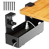 Under Desk Cable Management Tray with 6 AC Power Outlet and Clamp Mount, No Drill Cord Storage Organizers for Wire Management, Standing Desk, Computer Cord Rack for Office & Home (Black)