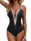 BMJL Women's Sexy One Piece Swimsuit Ruched Tummy Control Bathing Suit Plunge Color Block Swimwear 2026(S,Black)