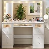 IFSEB Makeup Vanity Desk with LED Lights and Large 36.9’’ Mirror, 9 Drawers Vanity with Glass Top & 3 Color Hollywood Bulbs, Make Up Vanity with Charging Station & Crystal Knobs for Woman, White