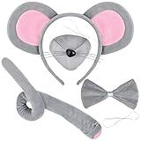 Mouse Costume Accessory Set,Rat Costume Set,Mouse Costume Set Includes Mouse Ear Headband,Tail,Nose,Bow Tie for Halloween,Birthday,Christmas,Cosplay Dress Up Grey