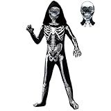 Kids Halloween Skeleton Costume, Hooded Skeleton Jumpsuit Bones with Mask for Boys and Girls Halloween Cosplay Costume Party (Black, 6-7 Years)