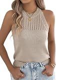Crochet Knit Halter Tank Tops for Women Summer Mock Neck Cami Sleeveless Sweater Vest Top,Khaki,M