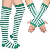 Geyoga Striped Arm Leg Warmers Set Fingerless Gloves, White and Green