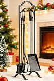 FEED GARDEN Fireplace Tools Set 5 Pcs with Stand, 29” Durable Wrought Iron