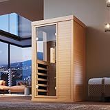 SunSwell Wood Infrared Sauna, 1 Person Traditional Home Sauna, Canadian Hemlock Indoor Dry Sauna Spa Room for Low EMF with Bluetooth Speakers and Control Panel, 32.67"x 27.55"x 59.44"