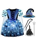 Spooktacular Creations Girls Light Up Witch Costume, Kids Witch Costume with Hat and Broom for Toddler Halloween Dress Up Parties, Blue (Toddler (3-4yr))