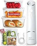 Chef Preserve Compact Vacuum Sealer for Food (Vacuum Sealer Machine + 3 Glass Vacuum Containers + 30 Reusable Vacuum Bags) Powerful Handheld Vacuum Seal Machine, Seal Meal Saver, Portable Food Sealer