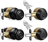 2 Sets Entry Door Knob and Single Cylinder Deadbolt Combo Set, Keyed Alike Round Ball Matte Black Exterior Door Knobs with Lock and Keys for Entrance and Front Door