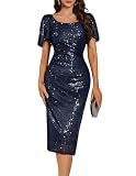 BeryLove Sequin Cocktail Midi Evening Dresses for Women 2025 Sparkly Ruffle Sleeves Formal Wedding Guest Dress Classy Ladies Sexy Bodycon Ruched Fancy Gown Navy L