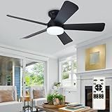 Depuley Modern Ceiling Fan with Light: 42-Inch Black Small Fans for Bedroom Indoor Outdoor - Dimmable Low Profile Ceiling Fans with Remote Control Flush Mount 5 Reversible Black Blades 6 Speeds Timer