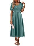 ANRABESS Women Summer Casual Puff Short Sleeve Scoop Neck Smocked Button Up High Waist Flowy Vacation Midi Dresses & Pockets Lake Medium