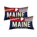 Doraloko Maine Throw Pillow Cover 12x20 Set of 2, Maine Decor Gift Souvenir, American Flag License Plate Lumbar Pillowcase, Greetings from The Pine Tree State(ME, USA) - Cushion Case Sham, No Inserts