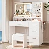 LIVELYGLOW Makeup Vanity Desk with Smart LED Mirror & Charging Station, 35.4" White Vanity Table Set with Cushioned Stool, 4 Drawers & Hairdryer Rack, Modern Bedroom Dressing Table-White