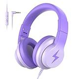 Candy Bila Kids Headphones, Wired Headphones for Kids Over Ear with Microphone, 85/94dB Volume Limiter Headphone for Girls Boys, Foldable Headphone for Learning & Entertainment, Gradient Deep Purple