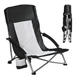 DUMOS Folding Camping Beach Chair, Lightweight Low Portable Profile Lawn Beach Chair with Cup Holder, Storage Pocket, Breeze Mesh Back, Padded Armrests Camp, Picnic, Lawn, Sand, Black