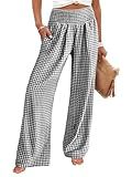 ANRABESS Womens Palazzo Pants, Striped & Gingham, Lounge & Casual, Cute Pajama Pants, Wide Leg, High Waisted, Pockets Black White Plaid Large
