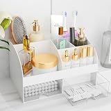 Makeup Organizer with Drawers, Cosmetic Storage for Dresser Vanity and Bathroom Countertop, Beauty Holder for Lipstick Brush, Skincare Organizer for Vanity, Cosmetic Display Case (White)