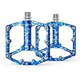 Road/Mountain Bike Pedals - 3 Bearings Bicycle Pedals - 9/16” CNC Machined Flat Pedals with Removable Anti-Skid Nails (Camouflage-Blue)