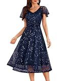 Dressystar 2026 Women's V Neck Lace Sequin Formal Wedding Guest Dress Sparkly Midi A Line Cap Sleeves Cocktail Party Dresses Navy XL