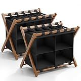 MHACVVO Bamboo Luggage Rack 2 Pack with 4 Storage Compartments, Foldable Suitcase Stand for Guest Room, 150lbs Capacity, Sturdy, Space-Saving and Easy to Assemble Organizer
