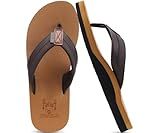 KuaiLu Men's Leather Flip Flops Arch Support Summer Beach Pool Water Thong Sandals Waterproof Rubber Walking Shoes Slip on Orthotic Casual Sport Cushioned Wide Slides Shower Slippers Khaki Size 12