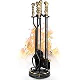 Gtongoko Fireplace Tools Set 5 Pcs Wrought Iron Large Fire Tool Set with Brass Handles for Outdoor/Indoor, Fireplace Accessories Set Included Poker, Tong, Shovel, Brush
