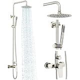Rainsworth Outdoor Shower Kit Brushed Nickel - Single Handle Brass Valve, 8 Inch Rain Shower Head and Handheld Spray Shower Fixture Combo, 304 Stainless Steel Wall Mount