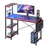 Bestier Gaming Desk with LED Lights, 44 Inch PC Gamer Desk for Small Spaces, Computer Desk with Reversible Storage Shelves & Side Storage Bag (Black 3D Carbon Fiber)