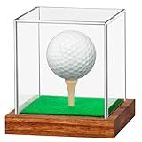 Clear Acrylic Golf Ball Display Case with Wood Base & Tee, Memorabilia Stand Cube Holder, Dust Protection Transparent Storage Box for Single Ball Souvenir Golfball Collections