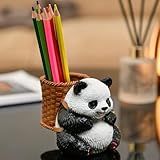 Zhe Jiu Cute Panda Statue,Resin Office Desk Home Decoration，Desktop Organizer with Bamboo Basket Design，That Can Accommodate Pencils, Makeup Pens, Pens, etc. (Panda)