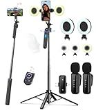 Vlogging Kit for iPhone/Android, 63”Auto Face Tracking Tripod for iPhone with Light, Wireless Microphones, Scrolling Remote Control for TikTok, Content Creator Kit for YouTube Starter