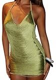 Famnbro Women Mini Fringe Dress Halter V Neck Sleeveless Backless Bodycon Tassel Sequin Glitter Club Party Dresses Green