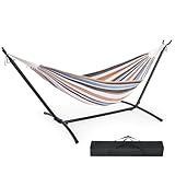 DUMOS Double Hammock with Space Saving Stand, Heavy Duty Steel Frame, Portable for Outside & Indoor Use, 450lbs Capacity, Easy Assembly, Carrying Bag Included, Beige