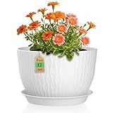 WSMKSZ 12 Inch Large Plant Pots for Indoor or Outdoor Plants, Wide Water Ripples Flower Pots with Drainage Holes & Saucer, Plastic Planters Set for Garden & Home Decor (White)