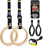 Double Circle Gymnastics Rings with Quick Adjust Numbered Straps and Exercise Videos Guide - Full Body Gym Rings - Calisthenics Rings Wooden Rings (Rings & Straps + Door Anchor + Foot Straps)