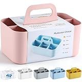 Multiuse Caddy Organizer with Handle - Stackable Plastic Tote Bin - Art Craft Supplies, Office, Desk, Stationery Pen Holder, Kitchen, Utensil, Makeup, Bathroom, Shower, Cleaning, Dorm Organizer - Pink