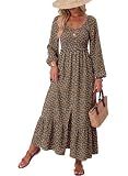 Dokotoo Fall Dresses for Women 2026 Elegant Classy Summer Boho Floral Square Neck Smocked Long Sleeve Button Empire Waist Summer Casual A Line Swing Resort Wear Long Maxi Dress Sundress Medium Brown