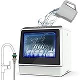 Portable Countertop Dishwasher with 5 Programs, 3-Cup Water Tank, Fruit/Veg Basket, High Temp, Air Dry