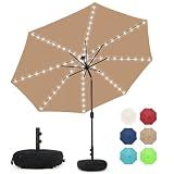 Sundale Outdoor Solar 80 LED 9 ft Patio Umbrella with Sand Bag Umbrella Base, Outdoor Umbrella with Tilt and Crank, Tan