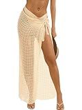 Fisoew Womens Crochet Swimsuit Coverups Hollow Out Bikini Wraps Swimwear Bathing Suit Cover Up Beach Maxi Skirt Beige