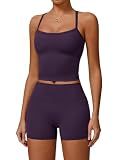 QBGJTD Two Piece Workout Sets For Women Straps Cross Back Tank Top Matching High Waist Booty Lifting Biker Shorts 2 Piece Gym Yoga Active Wear Outfits Womens Athletic Work Out Clothes Dark Purple S