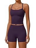 QBGJTD Two Piece Workout Sets For Women Straps Cross Back Tank Top Matching High Waist Booty Lifting Biker Shorts 2 Piece Gym Yoga Active Wear Outfits Womens Athletic Work Out Clothes Dark Purple S