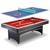 Hathaway Maverick 7 Foot Pool Table with Table Tennis Top – With Accessories for Both Games – Space-Saving Ping Pong and Pool Table Combo for Families – Matte Black Finish, Red Felt