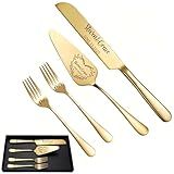 Personalized Wedding Cake Knife and Server Set, Custom Cake Cutting Set, Engraved Name Cake Serving Set with Forks, Customized Wedding Registry Bridal Birthday Gifts (Golden)