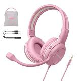 SIMOLIO Kids-Headphones with Microphone for School, 75/85/94 dB Wired Headphones with Boom Mic for iPad, PC, Laptop, Gaming, On Ear Pink Stereo Corded Headsets for Girls, Children, Teens, Students