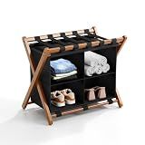 MHACVVO Bamboo Luggage Rack with 4 Storage Compartments, Foldable Suitcase Stand for Guest Room, 150lbs Capacity, Sturdy, Space-Saving and Easy to Assemble Organizer