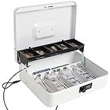 Cash Box with Combination Lock,Durable Metal Cash Box with Money Tray,Lock Box Safe Storage Security Locker with Security Cable,11.8"L x 9.5"W x 3.5"H,White