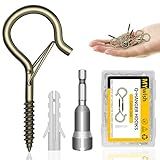 MYWISH 50-Pack Q Hanger Hooks with Safety Buckle, 2.2 Inches Windproof Q-Hanger Screw Hooks for Hanging String Lights, Bronze Outdoor Wall Wood Ceiling Deck Mount, with 1 Wing Nut Driver