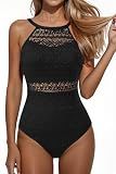 Holipick Black Crochet Tummy Control One Piece Swimsuit High Neck M